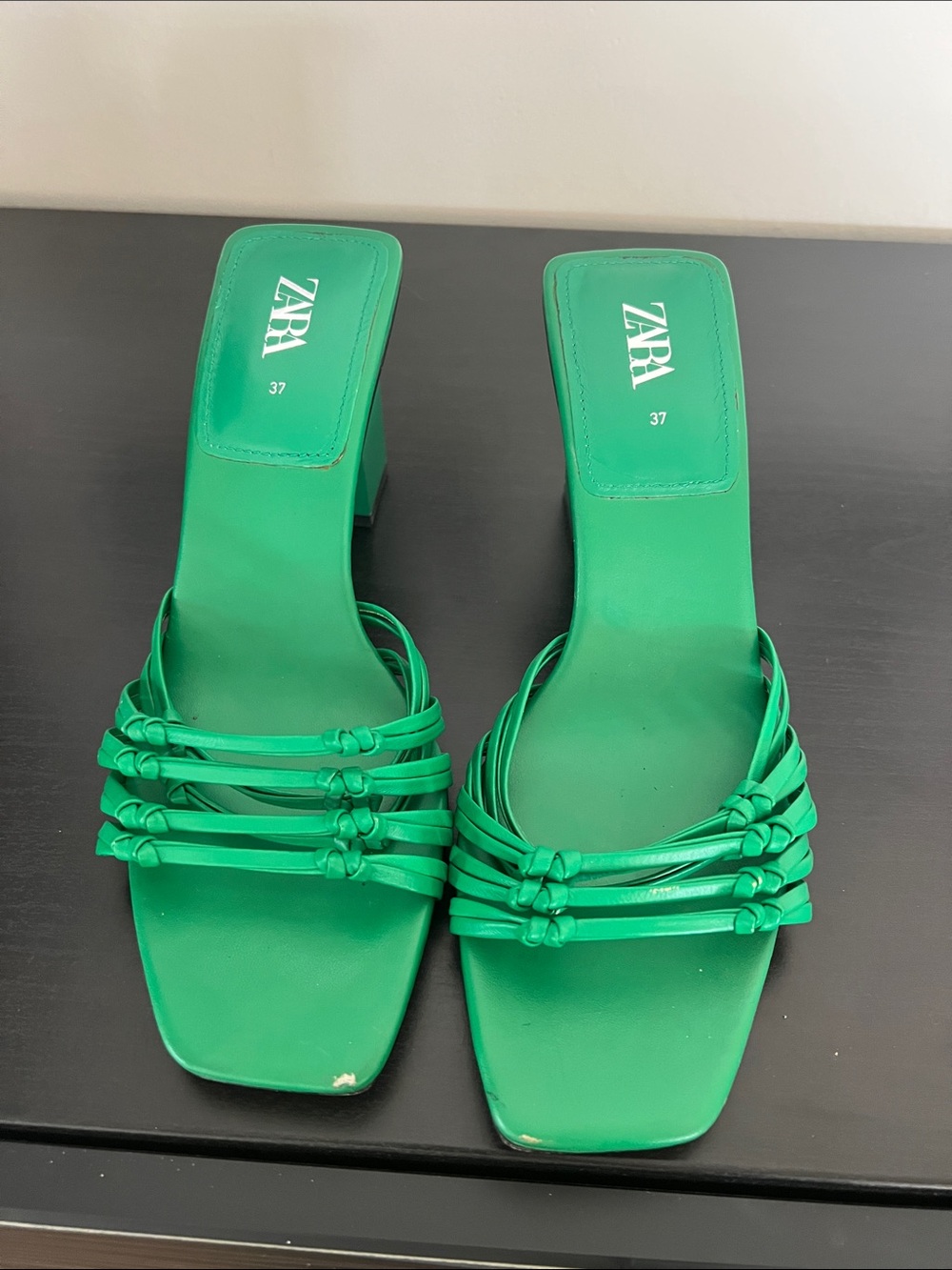 ZARA Emerald Knotted Strap Square-Toe Heeled Sandals